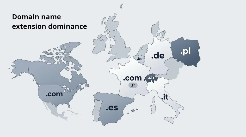 Mapa převahy doménových koncovek v Severní Americe a v Evropě